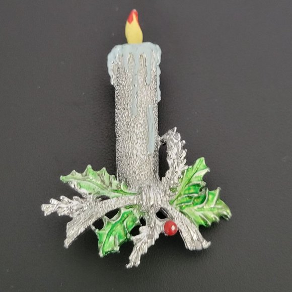 Gerry's Christmas Candle Brooch Pin Sparkly Silver With Holly Leaves Holidays 2" - Picture 1 of 7